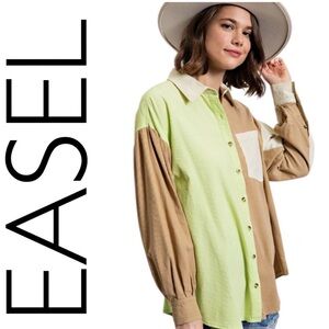 #1009 Easel Contrast Two-Tone Button-Down Shirt in Lime Green & Tan